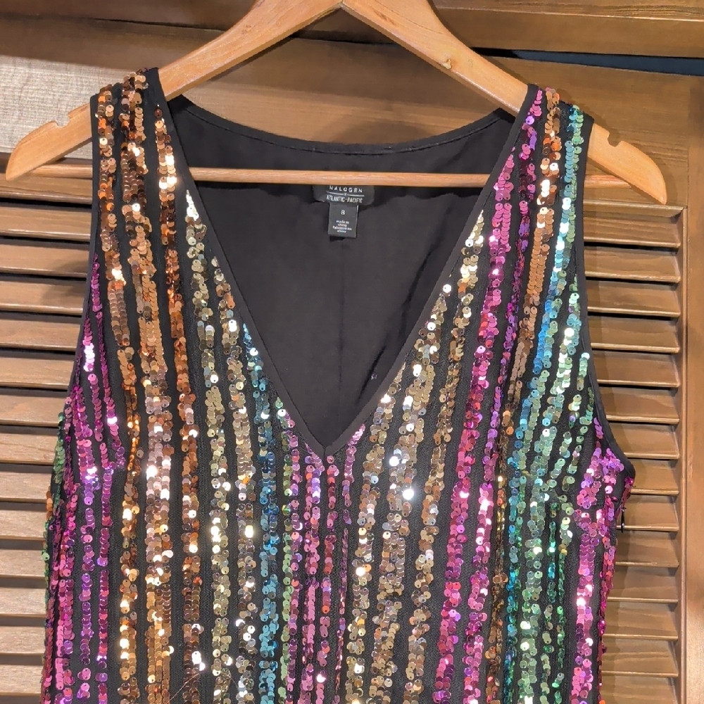 Halogen Multicolor Stripe Sequin V-Neck Midi Dress